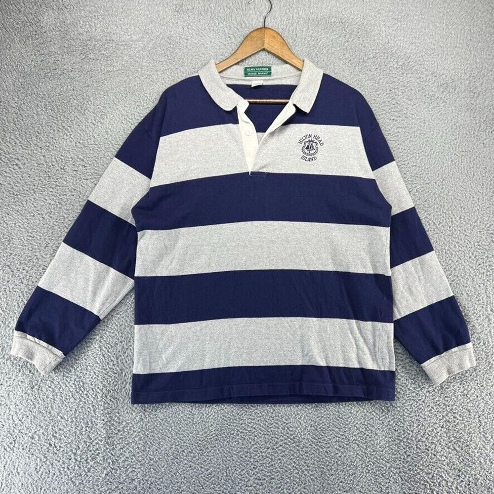 Vintage Hilton Head Island Polo Shirt Large Gray Blue Colorblock Rugby 90s